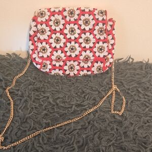 Anthropologie Red and White Beaded Shoulder Bag